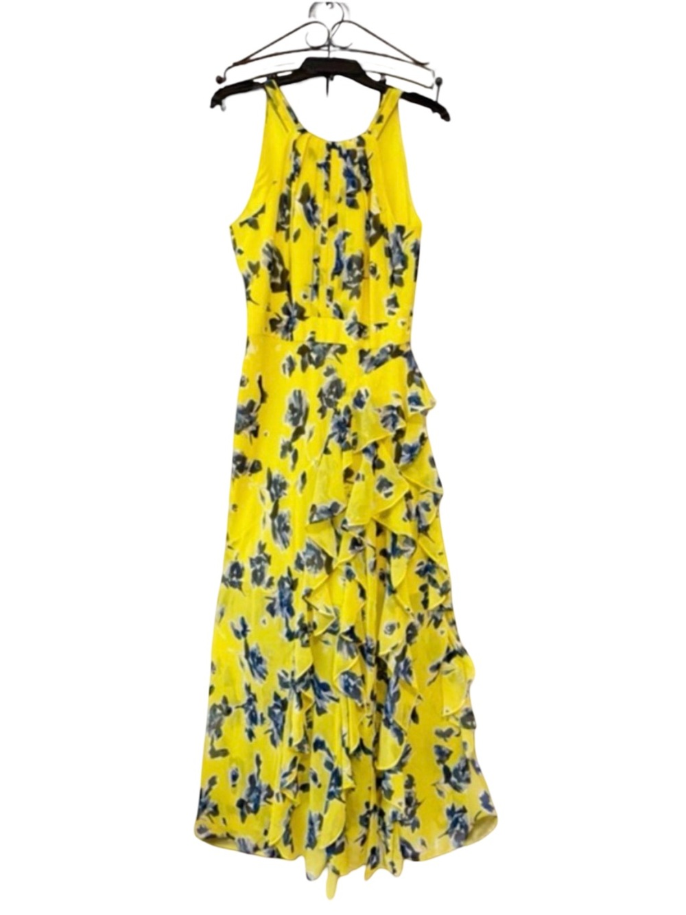 Eliza J Yellow & Blue Floral Ruffle Maxi Dress | Sleeveless Bright Summer | Sz 8